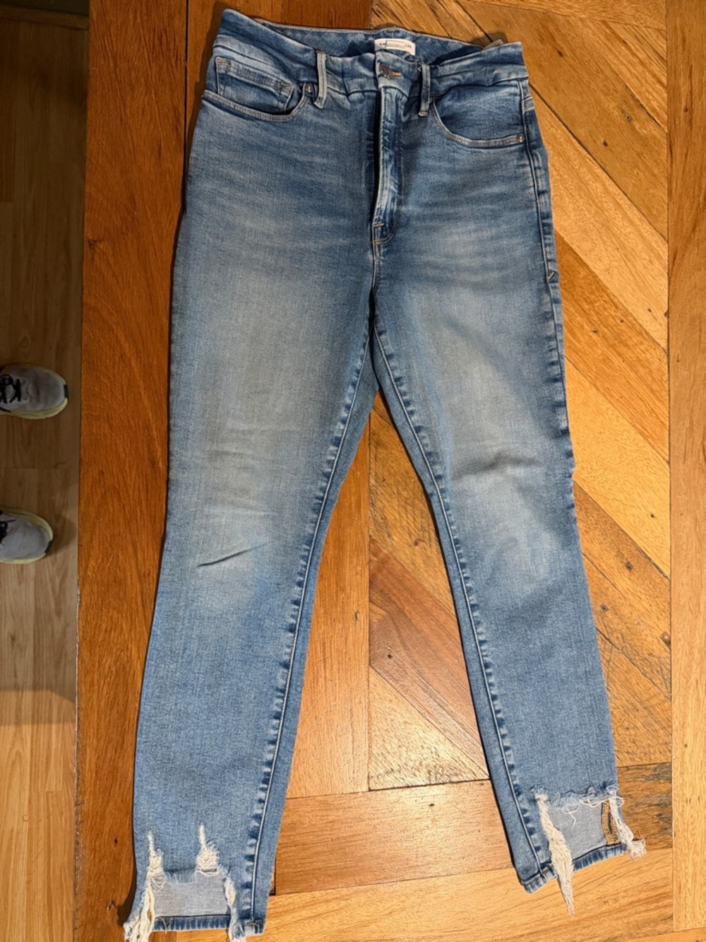 Good American Light Blue Ankle Crop Distressed Jeans